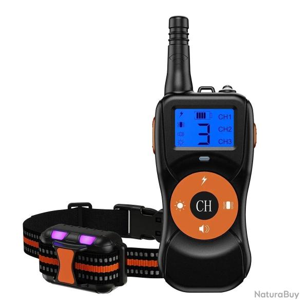 Collier de Dressage Chien 800m Rechargeable Etanche T�l�commande Choc Vibration Son LED Orange