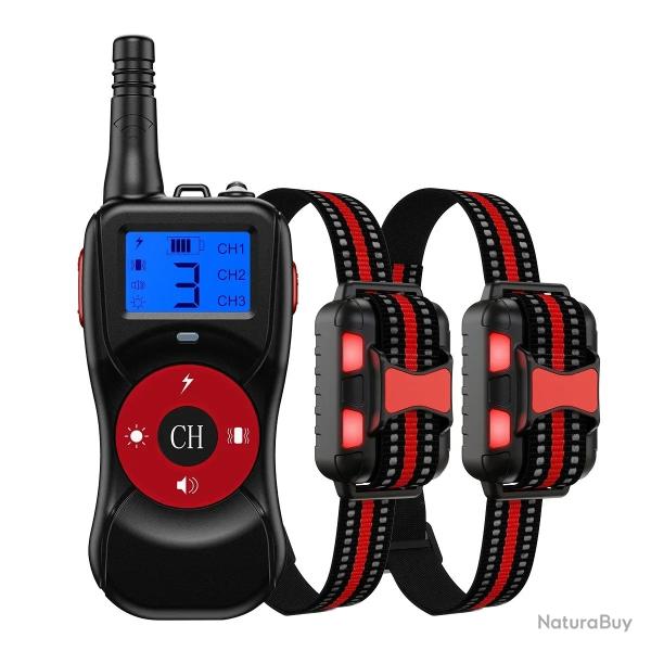 2X Colliers de Dressage Chien 800m Rechargeable Etanche T�l�commande Choc Vibration Son LED Rouge
