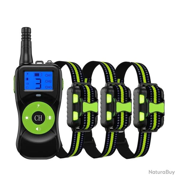 3X Colliers de Dressage Chien 800m Rechargeable Etanche T�l�commande Choc Vibration Son LED Vert