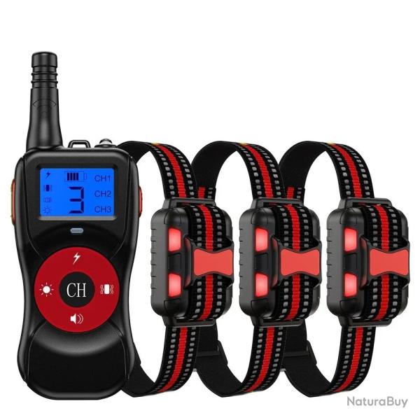 3X Colliers de Dressage Chien 800m Rechargeable Etanche T�l�commande Choc Vibration Son LED Rouge