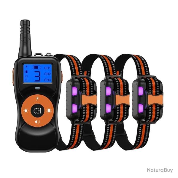 3X Colliers de Dressage Chien 800m Rechargeable Etanche T�l�commande Choc Vibration Son LED Orange