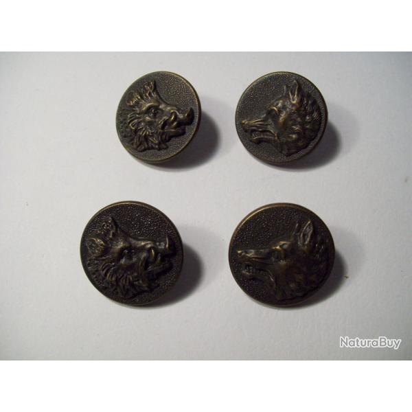 chasse v�nerie lot 4 boutons diam�tre 26 mm sanglier loup