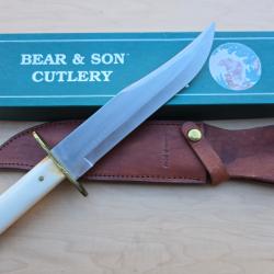 Couteau Bear & Son Bowie Lame Acier Sandvik 12C27M Satin Manche Os Housse Cuir USA BCWSB02