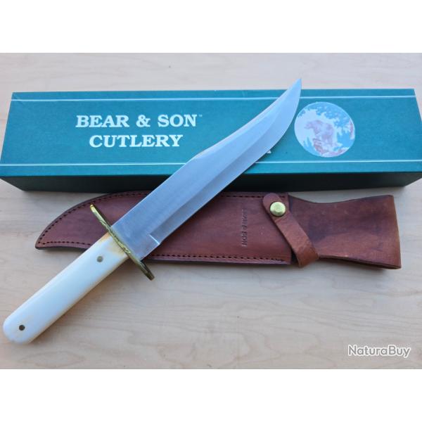 Couteau Bear & Son Bowie Lame Acier Sandvik 12C27M Satin Manche Os Housse Cuir USA BCWSB02