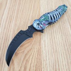 Couteau Semi Automatique Rite Edge Skull Talon Lame Karambit Acier 3Cr13 Manche Sculpt&eacute; La Faucheuse