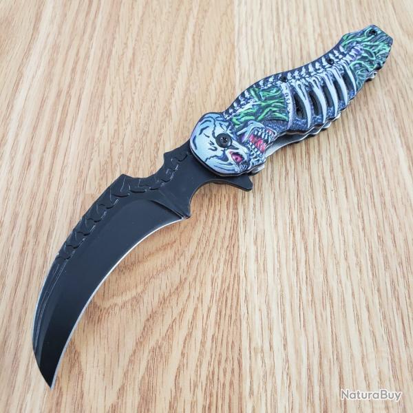 Couteau Semi Automatique Rite Edge Skull Talon Lame Karambit Acier 3Cr13 Manche Sculpt� La Faucheuse