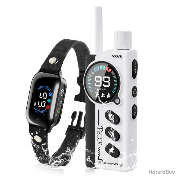 Collier Dressage Chien 1000m Etanche Rechargeable T�l�commande Bip Vibration Choc S�curit� Blanc