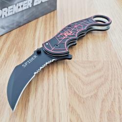 Couteau Karambit de Spiderman Lame Acier Inox Black Serrated Manche Red & Black ABS Linerlock Clip