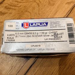 80 ogives Lapua Scenar calibre 6.5 mm (.264) 139 gr / 9 g CPL 6018