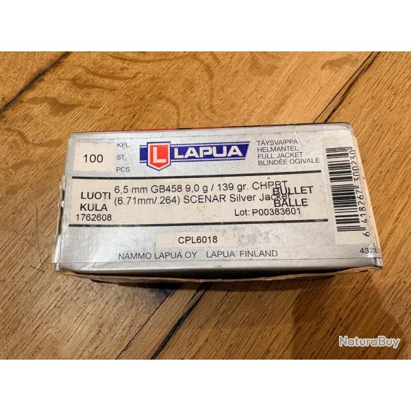80 ogives Lapua Scenar calibre 6.5 mm (.264) 139 gr / 9 g CPL 6018
