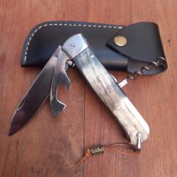 Gros et Solide Couteau BOULEDOGUE Chasseur BARGEON INOX 3 Pi&eacute;ces Manche en Corne avec &Eacute;tui en cuir