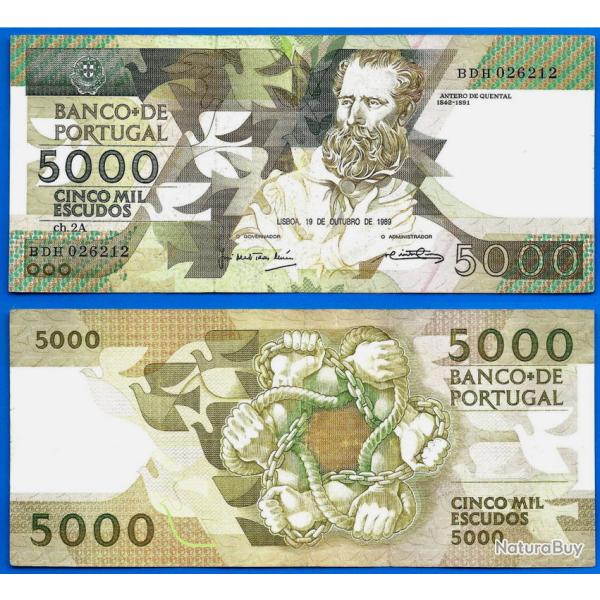 Portugal 5000 Escudos 1989 Billet Serie 2 A Quental