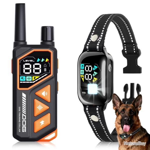 Collier de Dressage Chien 1000m  Etanche IPX7 Rechargeable Bip Vibration Choc Ecran Couleur
