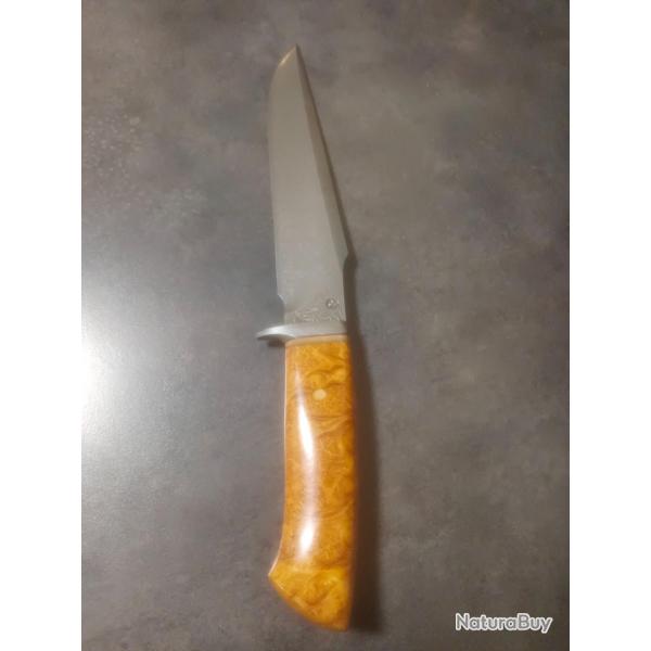 Superbe couteau forg� par JP Sire damas 90cmv8/15n20 manche loupe de robinier ivoire de mamouth