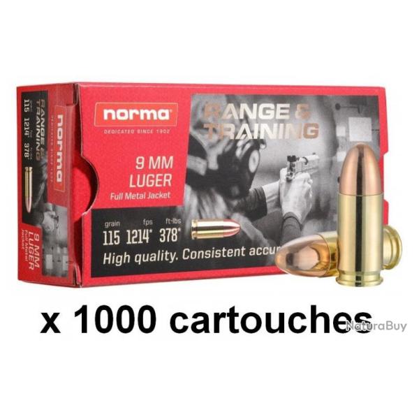 MUNITIONS NORMA CAL 9MM LUGER 115GR FMJ range & training 20 boites (1000 munitions )