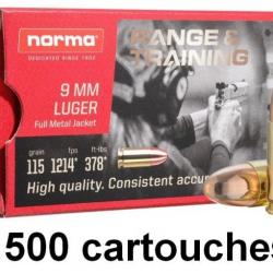 MUNITIONS NORMA CAL 9MM LUGER 115GR FMJ range & training 10 boites ( 500 munitions)