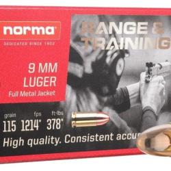 MUNITIONS NORMA CAL 9MM LUGER 115GR FMJ range & training 1 boite ( 50 munitions )