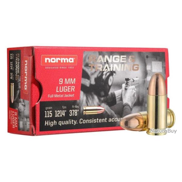 MUNITIONS NORMA CAL 9MM LUGER 115GR FMJ range & training 1 boite ( 50 munitions )