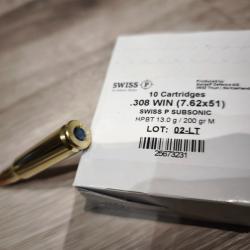 cartouches Swiss P cal 308 win subsonic HPBT 200 gr (10 boites de 10)