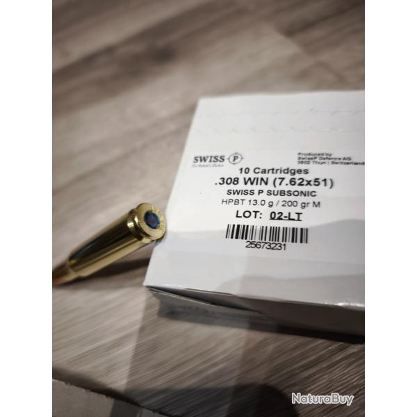 cartouches Swiss P cal 308 win subsonic HPBT 200 gr (10 boites de 10)