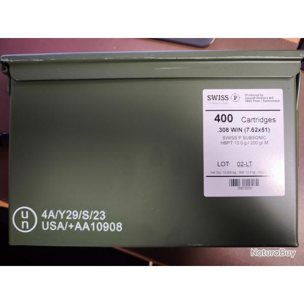 cartouches Swiss P cal 308 win subsonic HPBT 200 gr caisse m�tal de 400 cart