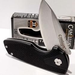 Couteau Camillus LK6 | Lame Drop Point Acier 440 Titanium | Manche Black G10 & Acier Framelock