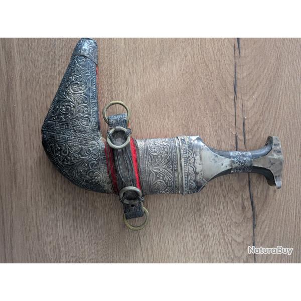 Ancien Khanjar d'Oman - Poignard jambiya en argent massif et corne - 475g