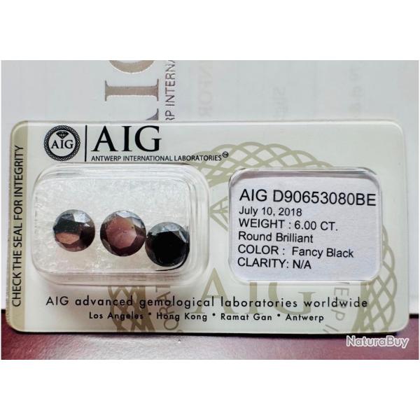 3 diamants noirs certifi�s AIG - 6 carats total - taille Round Brilliant