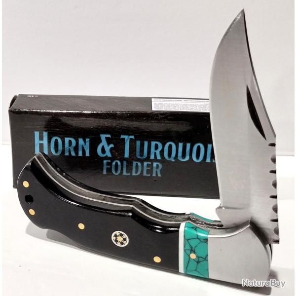 Couteau Style Buck Black Mesa Lockback | Lame Clip Point Acier Carbone 1055 | Manche Corne Buffalo