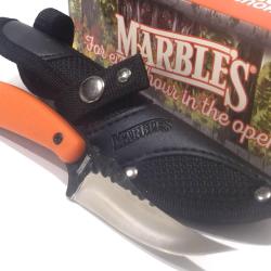 Couteau Skinner Marbles Orange Lame Acier Martel&eacute;e Manche Synth&eacute;tique Orange &Eacute;tui Nylon