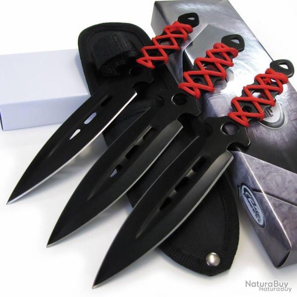 Set de 3 Couteaux Ninja Kunai Lame Acier 3Cr13 Manche Acier & Cordelette Housse Nylon