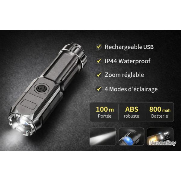Lampe Torche LED Rechargeable USB - Puissante 100m