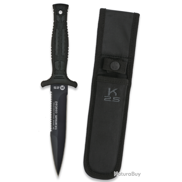 Couteau de botte K25 31825 - lame double tranchant 12,5 cm, manche G10, �tui