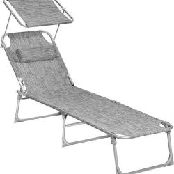 Chaise Longue Pliable Gris Clair - Transat - Dossier Inclinable - Pare-soleil - LIVRAISON GRATUITE