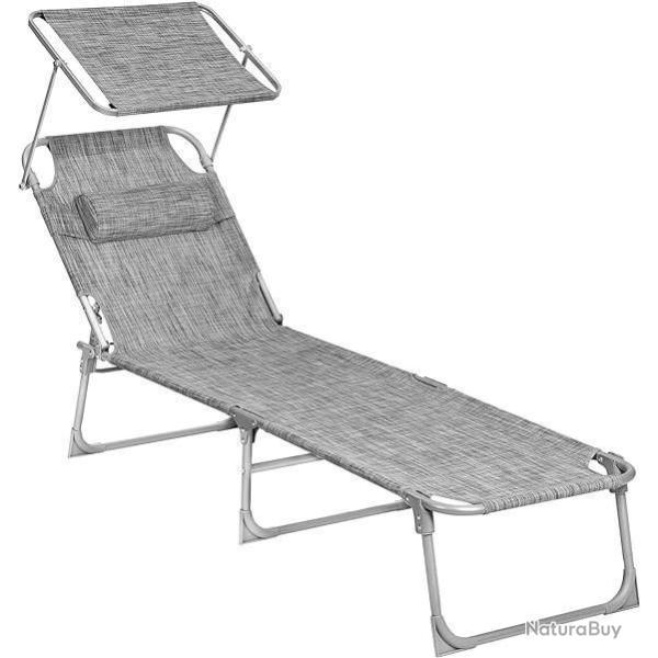 Chaise Longue Pliable Gris Clair - Transat - Dossier Inclinable - Pare-soleil - LIVRAISON GRATUITE