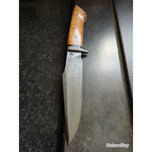 Superbe bowie forge par JP Sire en damas couche 90cmv8/15n20 manche loupe de robinier