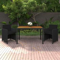 Ensemble &agrave; d&icirc;ner de jardin avec coussins 3 pcs poly rotin noir