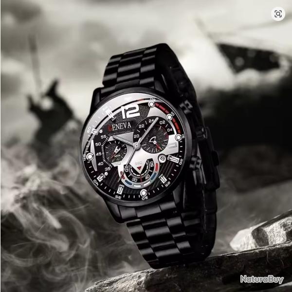 Mode hommes montres de luxe noir en acier inoxydable Quartz montre-bracelet homme