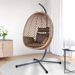 Panier chaise oeuf suspendue avec support caf&eacute; en poly rattan