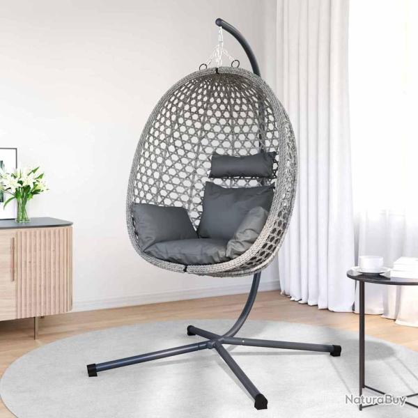 Panier � oeuf suspendu avec support en poly rotin gris.