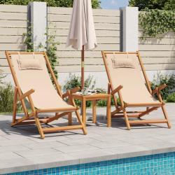 Chaises de plage pliantes lot de 2 beige tissu et bois massif