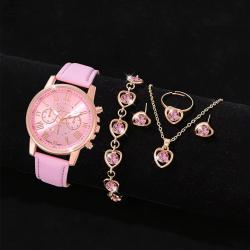 6PCS/Set Pink Women Watch Fashionable Roman Digital Dial Quartz Wristwatch PU Leather Strap Watch Je