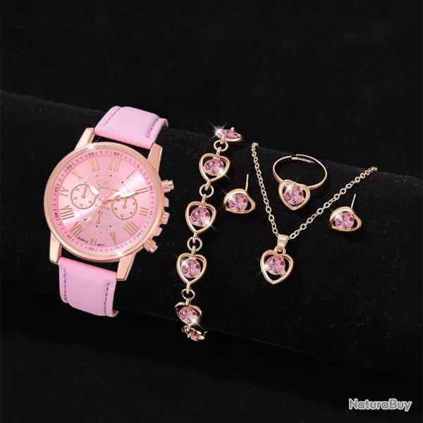6PCS/Set Pink Women Watch Fashionable Roman Digital Dial Quartz Wristwatch PU Leather Strap Watch Je