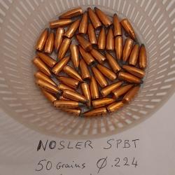 Balles Nosler calibre .224, poids 50 grains, Soft Point Boat Tail. (x50)