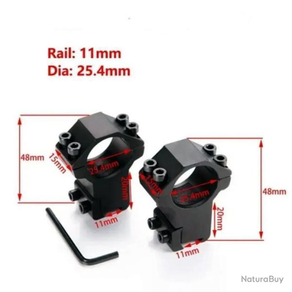 Colliers/Anneaux Montage 11mm Rail Weaver/Picatinny Haut 20mm Diam�tre 25.4mm Lunette de Vis�e
