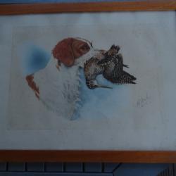 Lithographie  sign&eacute;e repr&eacute;sentant un &eacute;pagneul rapportant une b&eacute;casse