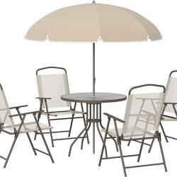 Ensemble Salon Jardin Acier Textil&egrave;ne Beige Table Ronde 4 Chaises Pliables Parasol LIVRAISON GRATUIT