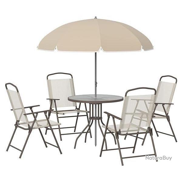 Ensemble Salon Jardin Acier Textil�ne Beige Table Ronde 4 Chaises Pliables Parasol LIVRAISON GRATUIT