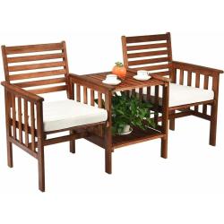 Lot 2 Chaises avec Coussins Table Bois Trou Parasol 5cm Ensemble Meubles Ext&eacute;rieur LIVRAISON GRATUIT