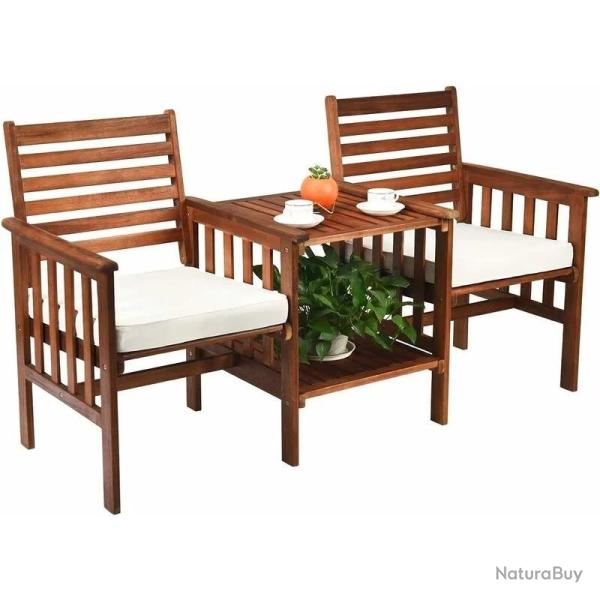 Lot 2 Chaises avec Coussins Table Bois Trou Parasol 5cm Ensemble Meubles Ext�rieur LIVRAISON GRATUIT